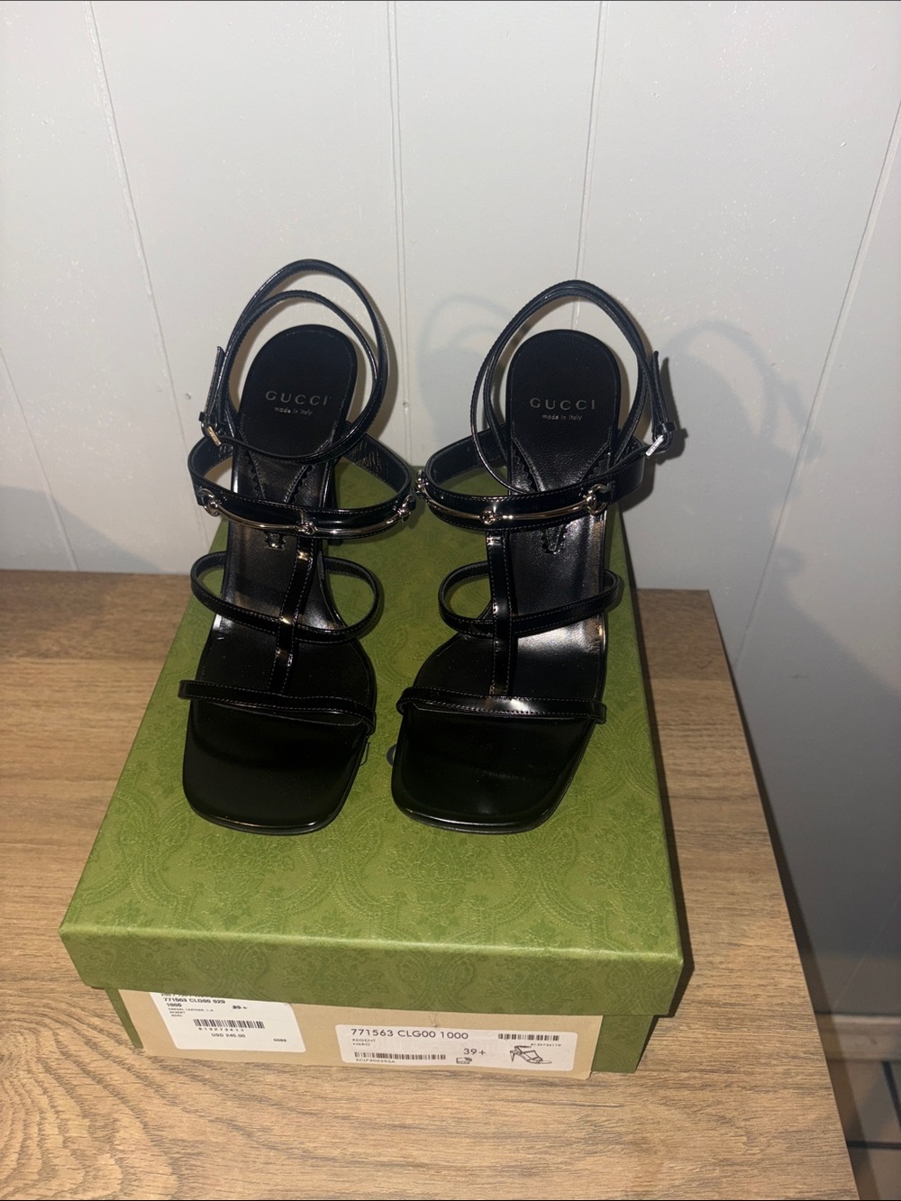 Gucci Black Patent Multi-Strap Heeled Sandals